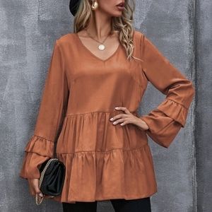 Brown Flounce Sleeve Smock Top